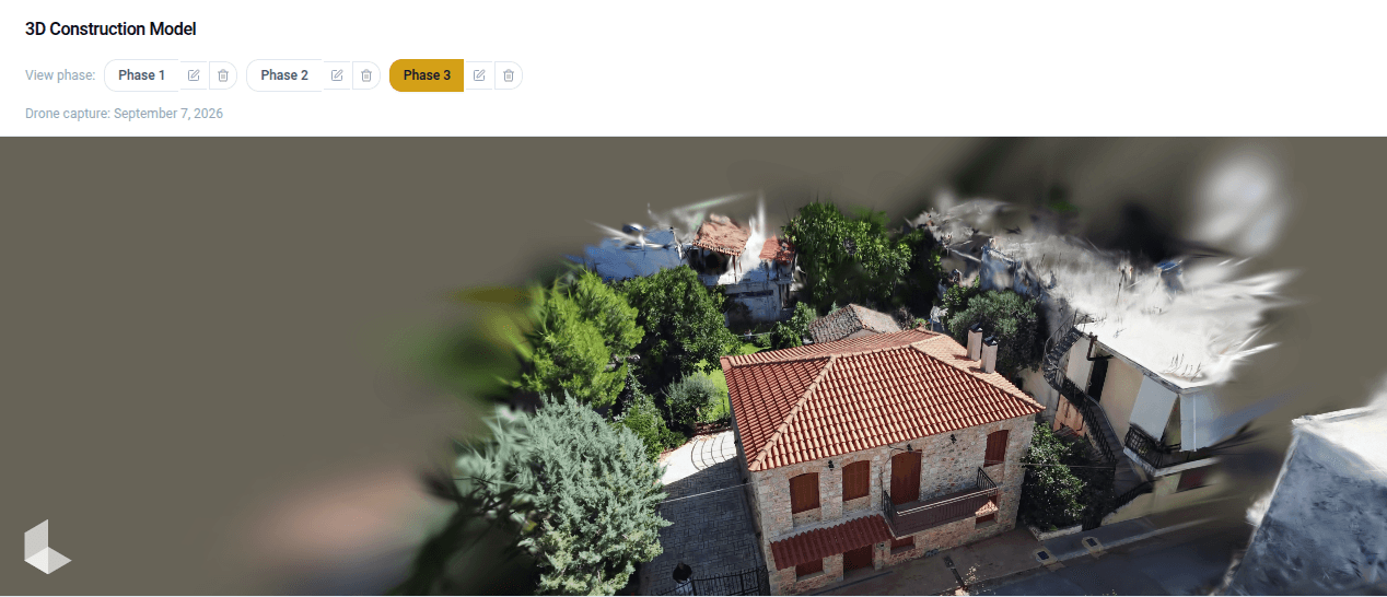 Λήψη drone δημοσιευμένη ως φάση με ημερομηνία μέσα στο AeroVIEW OS: το 3D μοντέλο πέτρινης κατοικίας, με την μπάρα φάσεων από πάνω